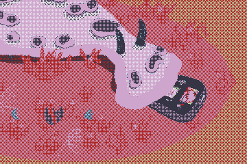 A heavily-dithered drawing of what appears to be a sea slug playing a Nintendo 2DS.