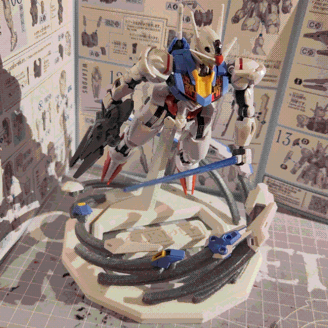 A photo of Gundam Aerial, the protagonist's mecha from Mobile Suit Gundam: The Witch From Mercury. It is a humanoid moblie suit colored mostly white, witha blue chest, red accents all over, and a few sparse yellow accents. It is on an elevated base, holding a beam saber in front of it. Around the perimeter of the base are the 'bits' that make up its shield arranged in a swirl pattern. It holds a beam saber across its body in its left hand, and is holding its beam rifle at its side in its right hand.