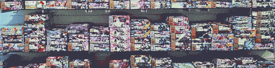 A heavily-dithered image showing some store shelves, filled with various gunpla kits.