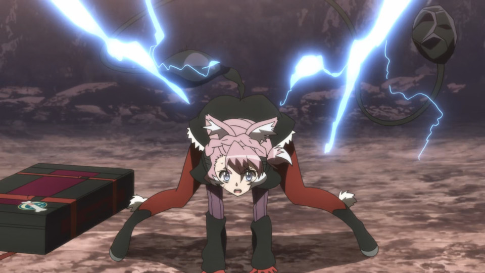 Elsa Bête from Symphogear XV. She's a short, white, pink-haired wolfgirl wearing a short black dress with red leggings, a white bib, and a collar with a gold tag. She's in a rocky location on all fours in an aggressive stance, having just attached her tail claw from a nearby briefcase. There's lighting being emitted from her.