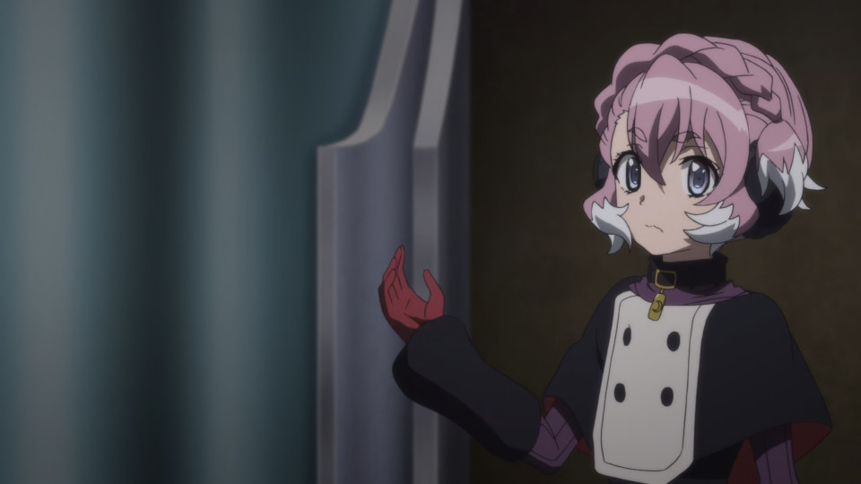 Elsa Bête from Symphogear XV. She's a short, white, pink-haired wolfgirl wearing a short black dress with a white bib, and a collar with a gold tag. She's inside somewhere and has her hand held up, as if holding or gesturing at something.