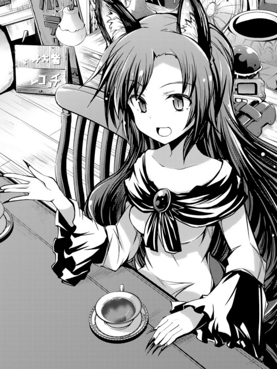 Kagerou Imaizumi from Touhou, in Alternative Facts in Eastern Utopia. She's sitting at a table with an ornate teacup on a saucer, and gesturing at something while smiling. Her nails are extremely pointed and sharp. Behind her is an assortment of random items, including some electronics.