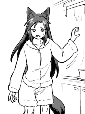 Kagerou Imaizumi from Touhou, in Just a Few Square Feet Will Do. She's dressed in something resembling a hoodie and sweatshorts rather than her usual dress, and is grimacing while standing. She is moving to grab something to the right of the image.