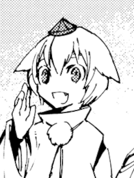 Momiji Inubashiri from Touhou, in The Focal Length is Nine Feet. She's smiling and raising a hand in greeting.